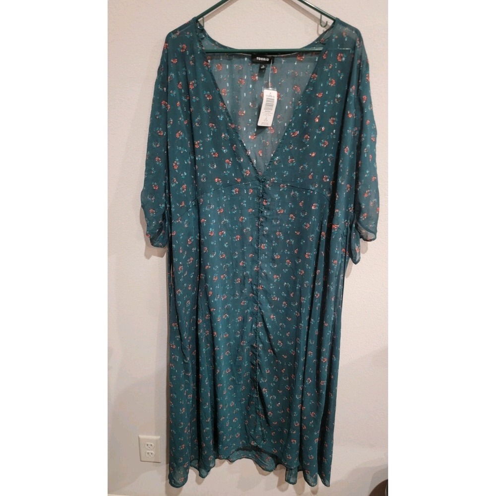 Torrid Chiffon Ruched 3/4 Sleeve Button Front Kimono Green Floral Plus 3X NWT